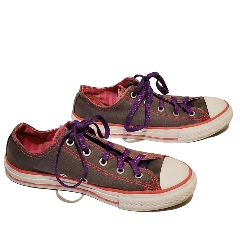 Converse All Star Sneakers Kid Size 2 Low Top Gray Pink Double Tongue